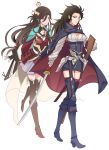  2girls :&gt; armor belt black_hair blue_eyes boots braid breasts brown_eyes cape cleavage crossover earrings fate/grand_order fate_(series) flat_chest genderswap genderswap_(mtf) gun haori hijikata_toshizou_(fate/grand_order) izumi-no-kami_kanesada japanese_armor japanese_clothes jewelry katana knee_boots long_hair medium_breasts multiple_girls rifle shinsengumi shou_j side_braid skirt smile standing sword touken_ranbu walking weapon 