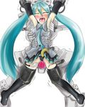  aqua_hair armpits bdsm black_legwear black_thighhighs blush bondage bound brush drool eyes_closed hands hatsune_miku helpless long_hair machine necktie pain panties saliva skirt thighhighs tickle tickle_torture tickling torment torture twintails underwear vibrator vocaloid zettai_ryouiki 