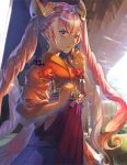 1girl architecture blush commentary_request drill_hair east_asian_architecture eyebrows_visible_through_hair fire_emblem fire_emblem_heroes flower hair_ornament hand_on_own_cheek hatomame japanese_clothes kimono laevateinn_(fire_emblem_heroes) light_smile long_hair looking_at_viewer nintendo pink_eyes pink_hair quad_drills quad_tails rose solo very_long_hair 