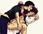  2boys anal ass belt bite biting black_hair black_shirt blood bottomless brown_hair cum injury legs_held_open lying male male_focus multiple_boys on_back open_clothes open_shirt penis police rape rurouni_kenshin sagara_sanosuke saitou_hajime sanosuke_sagara sex shirt spread_legs tears uniform unzipped yaoi 