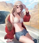  1girl arm_support bangs bare_shoulders baseball_cap bikini_top blue_sky breasts brown_eyes brown_hair buttons car cleavage closed_mouth cloud collarbone cutoffs day denim denim_shorts desert earrings fur-trimmed_jacket fur_trim ground_vehicle hand_on_headwear hand_up hat head_tilt highres jacket jewelry lipstick long_hair long_sleeves looking_at_viewer makeup medium_breasts motor_vehicle nail_polish navel off_shoulder open_clothes open_jacket original outdoors puffy_sleeves red_jacket red_nails short_shorts shorts sidelocks sitting sky solo stomach swept_bangs teffish thighs white_bikini_top white_hat zipper 
