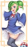  1girl bangs blue_eyes blush border buttons commentary_request double_bun feet_out_of_frame green_hair grey_legwear hair_between_eyes heart highres lidelle_(puyopuyo) long_hair long_sleeves looking_at_viewer open_mouth orizen pleated_skirt pointy_ears puyopuyo shiny shiny_hair sidelocks skirt sleeves_past_wrists smile thighhighs white_background wing_collar yellow_border zettai_ryouiki 