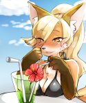  1girl :d animal_ears animal_hands animal_nose bikini black_bikini blonde_hair blue_sky blush breasts character_request cleavage cloud commentary_request copyright_request day drinking_straw eyebrows_visible_through_hair flower fox_ears fox_girl furry furry_female hibiscus highres kinokoningen large_breasts open_mouth outdoors red_flower signature sky smile solo swimsuit twitter_username 