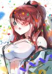 1girl bandeau bangs bare_shoulders blush breasts cleavage commentary_request confetti eyebrows_visible_through_hair eyes_visible_through_hair green_eyes hair_over_one_eye highres kuri_giepi lain_paterson large_breasts long_hair midriff nijisanji open_mouth red_hair solo stomach strapless suspenders suspenders_slip tube_top upper_body white_background 