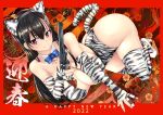  1girl 2022 animal_ears animal_print ban_linka bangs black_hair blue_bow blue_bowtie bow bowtie breasts chinese_zodiac cleavage closed_mouth colt_1851_navy commentary english_text fake_animal_ears fake_tail fingerless_gloves floral_background folding_fan gloves gun hair_ornament hairclip halterneck hand_fan happy_new_year high_heels highres holding holding_fan holding_gun holding_weapon large_breasts leotard long_hair looking_at_viewer lying new_year on_side print_gloves print_legwear print_leotard revolver smile solo tail tapioca_western thighhighs tiger_ears tiger_print tiger_tail tokihama_jirou translated weapon white_footwear white_gloves white_legwear white_leotard wing_collar year_of_the_tiger 