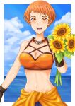  1girl breasts fire_emblem fire_emblem:_three_houses fire_emblem_heroes flower gloves leonie_pinelli looking_at_viewer miven ocean orange_eyes orange_hair short_hair smile sunflower swimsuit tomboy very_short_hair 