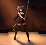  1girl :3 animal_ear_fluff animal_ears black_dress black_legwear blue_hair bow breasts cat_ears cat_girl cat_tail cleavage closed_mouth commentary dress english_commentary garter_straps hair_bow highres holding holding_sword holding_weapon indoors katana large_breasts long_hair looking_at_viewer noihara_himari noobcakeart omamori_himari pink_bow ponytail purple_eyes smile solo standing sword tail thighhighs very_long_hair weapon zettai_ryouiki 