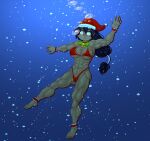  1girl absurdres air_bubble bell bubble christmas dark_skin highres holding_breath markustercero muscular muscular_female neck_bell original ponytail purple_hair red_swimsuit swimsuit thong underwater yellow_eyes 