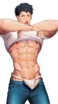  1boy abs armpits bara black_hair fundoshi highres japanese_clothes male_focus mature_male meishou_(cantabile1222) muscular muscular_male nipples original pectorals red_eyes solo sweat wet wet_clothes 