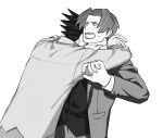  2boys ace_attorney arms_up ascot blush chinese_commentary commentary_request forehead from_behind godzillapigeon1 greyscale hair_intakes halftone hand_up highres hug jacket long_sleeves male_focus miles_edgeworth monochrome multiple_boys open_clothes open_jacket open_mouth phoenix_wright pocket shirt short_hair simple_background spiked_hair surprised sweat teeth upper_body v-shaped_eyebrows vest white_background yaoi 