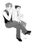  2boys ace_attorney artist_name ascot blush chinese_commentary closed_eyes closed_mouth collared_shirt commentary_request crossed_legs cup dated forehead godzillapigeon1 greyscale hair_intakes halftone hand_on_own_knee hand_up highres holding holding_cup invisible_chair light_blush long_sleeves looking_at_another looking_to_the_side male_focus miles_edgeworth monochrome multiple_boys necktie pants phoenix_wright shirt shoes short_hair signature simple_background sitting sleeves_rolled_up spiked_hair teacup tie_clip v-shaped_eyebrows vest white_background 