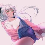  1boy blush bulge cardigan covered_penis covered_testicles crop_top echu fang green_eyes highres long_hair looking_at_viewer male_focus original otoko_no_ko overall_shorts overalls pink_cardigan ponytail silver_hair skin_fang solo spread_legs 