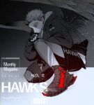  1boy arm_on_thigh boku_no_hero_academia character_name coat cover earrings facial_mark feathered_wings fingerless_gloves foreground_text gloves glowing greyscale gym_shorts hawks_(boku_no_hero_academia) high_tops highres hood hoodie jewelry logo_parody magazine_cover male_focus monochrome nnx2_(hoev_sr_srnghae) one_knee perspective shirt_under_shirt shoes short_hair shorts sneakers solo spot_color squatting stud_earrings text_focus undercut wings winter_clothes winter_coat 