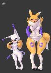  anthro armwear bandai_namco belly belly_squeeze black_sclera blue_eyes blush bridal_gauntlets claws clothing digimon digimon_(species) duo embarrassed featureless_crotch female fur gatomon gatox_(artist) grey_background hi_res holding_belly navel nipples nude pigeon_toed renamon simple_background squish standing thick_thighs thigh_marking white_body white_fur wide_hips yellow_body yellow_fur 