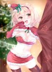  1girl black_legwear blonde_hair blush breasts brown_eyes christmas cleavage crop_top elbow_gloves eyebrows_visible_through_hair gloves haruse_meio large_breasts lips looking_at_viewer open_mouth original red_gloves santa_costume short_hair smile thighhighs 