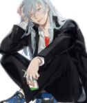  1boy alternate_universe arm_on_knee bandaid bandaid_on_neck bangs black_pants blue_eyes blue_hair blurry collared_shirt depth_of_field drink elbow_on_knee gakuran hair_behind_ear hair_between_eyes hand_on_own_head head_rest head_tilt heterochromia holding holding_drink indian_style jacket jujutsu_kaisen light_blue_hair light_smile long_bangs long_hair looking_at_viewer mahito_(jujutsu_kaisen) male_focus milk_carton nike nonockha open_clothes open_jacket pants partially_unbuttoned product_placement realistic red_eyes red_shirt school_uniform shirt shirt_under_shirt shoes simple_background sitting sneakers soft_focus solo untucked_shirt white_background 