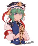 1girl asymmetrical_hair blue_eyes blue_vest bright_pupils cropped_torso doro_au flat_chest gold_trim green_hair hat highres holding holding_stick looking_at_viewer rod_of_remorse shiki_eiki simple_background smile solo stick touhou upper_body vest white_background 