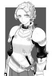  1girl armor braid chris_lightfellow closed_mouth earrings french_braid gensou_suikoden gensou_suikoden_iii gloves greyscale highres jewelry looking_at_viewer monochrome sakai_(motomei) short_hair simple_background solo sword weapon 