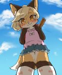  1girl :3 animal_ear_fluff animal_ears animal_hands animal_nose artist_name bangs blonde_hair blue_sky blush bow brown_eyes brown_fur character_request child closed_mouth cloud commentary_request copyright_request day eyebrows_visible_through_hair fox_ears fox_girl fox_tail from_below furry furry_female highres kinokoningen kneehighs light_brown_hair looking_at_viewer looking_down outdoors panties pantyshot pink_shirt pleated_skirt print_legwear shirt short_hair signature skirt sky sleeveless sleeveless_shirt smile solo standing tail twitter_username underwear upskirt white_bow white_panties 