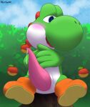  absurd_res animal_genitalia animal_penis apple bashful big_penis blush bodily_fluids cum dialogue digital_media_(artwork) dinosaur dripping english_text erection food fruit genital_fluids genitals grass green_yoshi hi_res leaking leaking_cum leaking_precum looking_away looking_down male mario_bros nintendo open_mouth outside penis plant precum precum_drip precum_string presenting reptile scalie shy sky smile solo tapering_penis text tongue tree_stump varium video_games yoshi 