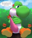  absurd_res animal_genitalia animal_penis apple bashful big_penis blush bodily_fluids cum dialogue digital_media_(artwork) dinosaur dripping english_text erection food fruit genital_fluids genitals grass green_yoshi hi_res leaking leaking_cum leaking_precum looking_away looking_down male mario_bros nintendo open_mouth outside penis plant precum precum_drip precum_string presenting reptile scalie shy sky smile solo speech_bubble tapering_penis text tongue tree_stump varium video_games yoshi 