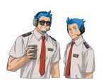 2boys animal_crossing arm_at_side arms_at_sides beard black-framed_eyewear blue_hair blush brown-tinted_eyewear chinese_commentary closed_mouth clothes_writing collared_shirt commentary_request cropped_torso cup disposable_cup facial_hair forehead godzillapigeon1 grey_eyes grin hand_up happy headphones highres holding holding_cup humanization light_blush looking_at_viewer male_focus multiple_boys necktie orville_(animal_crossing) red_necktie shirt short_hair short_sleeves simple_background sketch smile spiked_hair sunglasses teeth tinted_eyewear upper_body white_background white_shirt wilbur_(animal_crossing) 