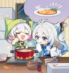  2girls :d bangs black_shirt blue_eyes blue_shirt blue_shorts chopsticks closed_eyes closed_mouth coat cooking double_bun food green_jacket highres holding holding_chopsticks honkai_(series) honkai_impact_3rd id_card indoors jacket kiana_kaslana kiana_kaslana_(knight_moonbeam) kitchen mihoyo_technology_(shanghai)_co._ltd. miyouji multiple_girls official_art open_clothes open_coat open_mouth pot refrigerator shirt short_sleeves shorts smile star_(symbol) stove table thinking tongue tongue_out white_coat white_hair window wooden_spoon 