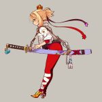  1girl blonde_hair closed_mouth crown dragon_quest full_body green_eyes jacket king_slime leggings mota original short_hair simple_background slime_(dragon_quest) smile solo sticker sword weapon 