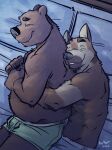  2022 anthro bed black_nose brown_body brown_fur canid canine canis clothing cuddling duo embrace eyes_closed fur furniture hi_res hug hugging_from_behind k-9 lying male male/male mammal overweight overweight_male romantic romantic_couple underwear ursid wolf 