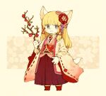  2022 4_fingers anthro asian_clothing blonde_hair blue_eyes blush branch clothed clothing domestic_cat east_asian_clothing felid feline felis female fingers fully_clothed fur hair japanese_clothing kemono kimono long_hair looking_at_viewer mammal maniani0122 red_flower simple_background smile solo standing steere_(maniani) twig white_body white_fur 