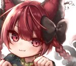  1girl animal_ears backlighting bloom braid cat_ears close-up face fang kaenbyou_rin looking_at_viewer overexposure paw_pose portrait red_eyes red_hair skin_fang solo touhou twin_braids twintails ushida_nakoruru v-shaped_eyebrows 