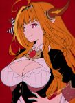 1girl ahoge bangs blunt_bangs breasts brown_horns cleavage cleavage_cutout clothing_cutout dragon_girl dragon_horns eyebrows_visible_through_hair highres hololive horns kazuma_muramasa kiryu_coco large_breasts long_hair looking_at_viewer orange_hair pointy_ears red_background red_eyes signature simple_background solo virtual_youtuber 