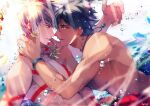  2boys bare_pectorals blonde_hair bodypaint brown_hair dark-skinned_male dark_skin earrings fate/grand_order fate_(series) gilgamesh_(fate) jewelry male_focus multiple_boys necklace nipples ozymandias_(fate) pectorals red_eyes sakura_hitsuji short_hair smile tattoo toned toned_male tooth_necklace underwater yaoi yellow_eyes 