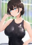  1girl absurdres bangs black_swimsuit blue_eyes blurry blurry_background breasts brown_hair fence highres one-piece_swimsuit open_mouth original outdoors poolside short_hair solo swimsuit teeth vegetablenabe wet 