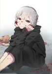  1girl 2018 black_robe blood blood_on_face blood_on_hands brown_eyes completely_nude corpse death false_smile feet_out_of_frame goodbye grey_hair grin head_tilt highres long_sleeves looking_at_viewer nude original sitting smile solo_focus taiga_(ryukyu-6102-8) 