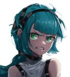  1girl belt_collar blue_hair clenched_teeth collar copyright_request glaring green_eyes highres looking_at_viewer ponytail scowl simple_background solo taiga_(ryukyu-6102-8) teeth upper_body white_background 