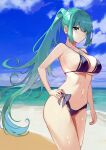  1girl absurdres armpits bare_arms bare_shoulders beach bikini black_bikini breasts character_request cleavage cloud collarbone copyright_request cowboy_shot day green_eyes green_hair halter_top halterneck hand_on_hip highres large_breasts long_hair looking_at_viewer manu_(pixiv41646715) navel ocean outdoors pneuma_(xenoblade) ponytail side-tie_bikini sidelocks smile solo standing stomach strap_gap string_bikini swimsuit thighs very_long_hair wet xenoblade_chronicles_(series) xenoblade_chronicles_2 