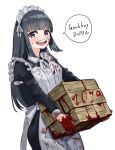  1girl 2019 :d absurdres apron black_dress black_hair blood blood_on_face blood_on_hands blood_splatter box dress english_text engrish_text highres holding holding_box juliet_sleeves long_hair long_sleeves looking_at_viewer maid maid_apron maid_headdress open_mouth original puffy_sleeves purple_eyes ranguage simple_background smile solo taiga_(ryukyu-6102-8) white_apron white_background 