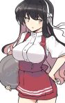 1girl alternate_costume anna_miller apron black_hair blouse breasts contrapposto dress hair_down hairband hand_on_hip heart kantai_collection large_breasts long_hair multicolored_hair naganami_(kancolle) naganami_kai_ni_(kancolle) nakadori_(movgnsk) name_tag pink_hair red_apron red_dress simple_background solo suspenders tray waitress white_background white_blouse white_hairband 