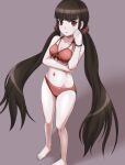  1girl arm_under_breasts bangs barefoot bikini blunt_bangs bracelet breasts brown_hair cleavage closed_mouth collarbone danganronpa_(series) danganronpa_s:_ultimate_summer_camp danganronpa_v3:_killing_harmony foot_out_of_frame gradient gradient_background grey_background hair_ornament harukawa_maki jewelry long_hair looking_at_viewer mole mole_under_eye navel official_alternate_costume pout red_bikini red_eyes scrunchie shiny shiny_hair standing stomach swimsuit twintails very_long_hair vierosky 