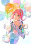  1girl :d absurdres aiming_at_viewer arknights balloon bangs bare_shoulders black_legwear blue_nails blue_poison_(arknights) blue_poison_(shoal_beat)_(arknights) blue_shorts blush braid breasts choker cleavage collarbone colorful dogdogbhh green_eyes green_hairband hairband highres holding holding_balloon jacket legwear_under_shorts long_hair long_sleeves looking_at_viewer medium_breasts nail_polish navel off_shoulder official_alternate_costume open_clothes open_jacket open_mouth pantyhose parted_bangs pink_choker pink_hair shorts simple_background smile soap_bubbles solo twin_braids water_gun white_background white_jacket 