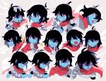  1other :&lt; anger_vein armor bandaid bandaid_on_nose bangs black_hair blush bow bug butterfly clenched_teeth closed_eyes closed_mouth commentary_request cropped_shoulders deltarune expressions expressive_hair flying_sweatdrops gloves grin hair_between_eyes hair_bow highres kris_(deltarune) multiple_views one_eye_closed open_mouth red_eyes red_scarf scarf senjochi_janai shaded_face signature simple_background smile sweat teeth two-tone_background v wavy_mouth white_bow white_gloves 