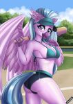  anthro avian baseball_bat baseball_field bat_(object) beak bikini blush breasts butt clothed clothing european_mythology female friendship_is_magic greek_mythology hasbro hi_res hippogriff jewelry lifejoyart looking_at_viewer looking_back mammal my_little_pony mythological_avian mythology necklace open_mouth outside silverstream_(mlp) skimpy solo spread_wings swimwear wings 