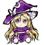  1girl bangs blonde_hair blush bow braid buttons chibi commentary crescent crescent_hat_ornament dress eyebrows_visible_through_hair full_body fumo_(doll) hair_between_eyes hat hat_ornament highres kirisame_marisa kirisame_marisa_(pc-98) lis long_hair looking_at_viewer purple_bow purple_dress purple_eyes purple_headwear purple_skirt ribbon short_sleeves simple_background sitting skirt smile solo tokiame_(style) touhou twin_braids v-shaped_eyebrows very_long_hair white_background white_bow white_footwear white_ribbon witch_hat 