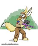  2021 anthro barefoot blonde_hair bottomwear canid canine cheek_tuft clothing conjoined_eyes dipstick_tail doc_nickel facial_tuft feet female fennec fox fur hair holding_object inner_ear_fluff looking_back mammal markings mask multicolored_body multicolored_fur paintball_gun pants robin_(the_whiteboard) shirt simple_background tail_markings the_whiteboard topwear tuft two_tone_body two_tone_fur webcomic webcomic_character young 