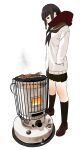  1girl absurdres bangs beige_cardigan black_hair black_legwear blunt_bangs braid cardigan commentary_request full_body green_sailor_collar green_skirt hair_over_shoulder hair_ribbon hands_in_pockets heater highres ikayaki kantai_collection kerosene_heater kitakami_(kancolle) kneehighs loafers long_hair pleated_skirt red_scarf ribbon sailor_collar scarf school_uniform serafuku shishanmo shoes sidelocks single_braid skirt solo squid stove tress_ribbon 