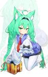  1girl :3 absurdres ahoge akashi_(azur_lane) akashi_(welcome_to_sofmap!)_(azur_lane) animal_ear_fluff animal_ears azur_lane black_skirt braid cat_ears commentary_request green_eyes green_hair hair_ribbon hairband highres kneeling long_hair long_sleeves looking_at_viewer mole mole_under_eye necktie no_shoes pg_(pege544) red_necktie ribbon skirt sleeves_past_fingers sleeves_past_wrists solo tech_box_(azur_lane) twin_braids white_background white_legwear zoom_layer 