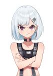  1girl :/ absurdres closed_mouth earrings frown glaring grey_hair hair_ornament hairclip highres jewelry looking_at_viewer medium_hair o-ring_collar original pink_eyes scowl simple_background single_earring solo taiga_(ryukyu-6102-8) tank_top white_background 