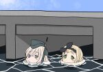  2girls bangs black_hairband blonde_hair blush bubble commentary_request crossed_bangs garrison_cap green_eyes grey_eyes grey_headwear hair_between_eyes hairband harukaze_unipo hat headgear kantai_collection long_hair luigi_torelli_(kancolle) multiple_girls partially_submerged u-511_(kancolle) uit-25_(kancolle) water you&#039;re_doing_it_wrong 