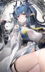  1girl abstract_background arknights bangs bare_shoulders black_gloves blue_hair blue_nails braid breasts chinese_commentary closed_mouth commentary_request cup detached_collar detached_sleeves dragon_horns earrings elbow_gloves eyebrows_visible_through_hair gloves gourd grey_eyes highres horns jewelry large_breasts legs_up ling_(arknights) long_hair long_sleeves looking_at_viewer lying nail_polish navel necktie on_back open_clothes partially_fingerless_gloves pointy_ears pouch shirt sitting solo thigh_strap thighs underbust very_long_hair white_shirt wide_sleeves yellow_necktie yushi_quetzalli 